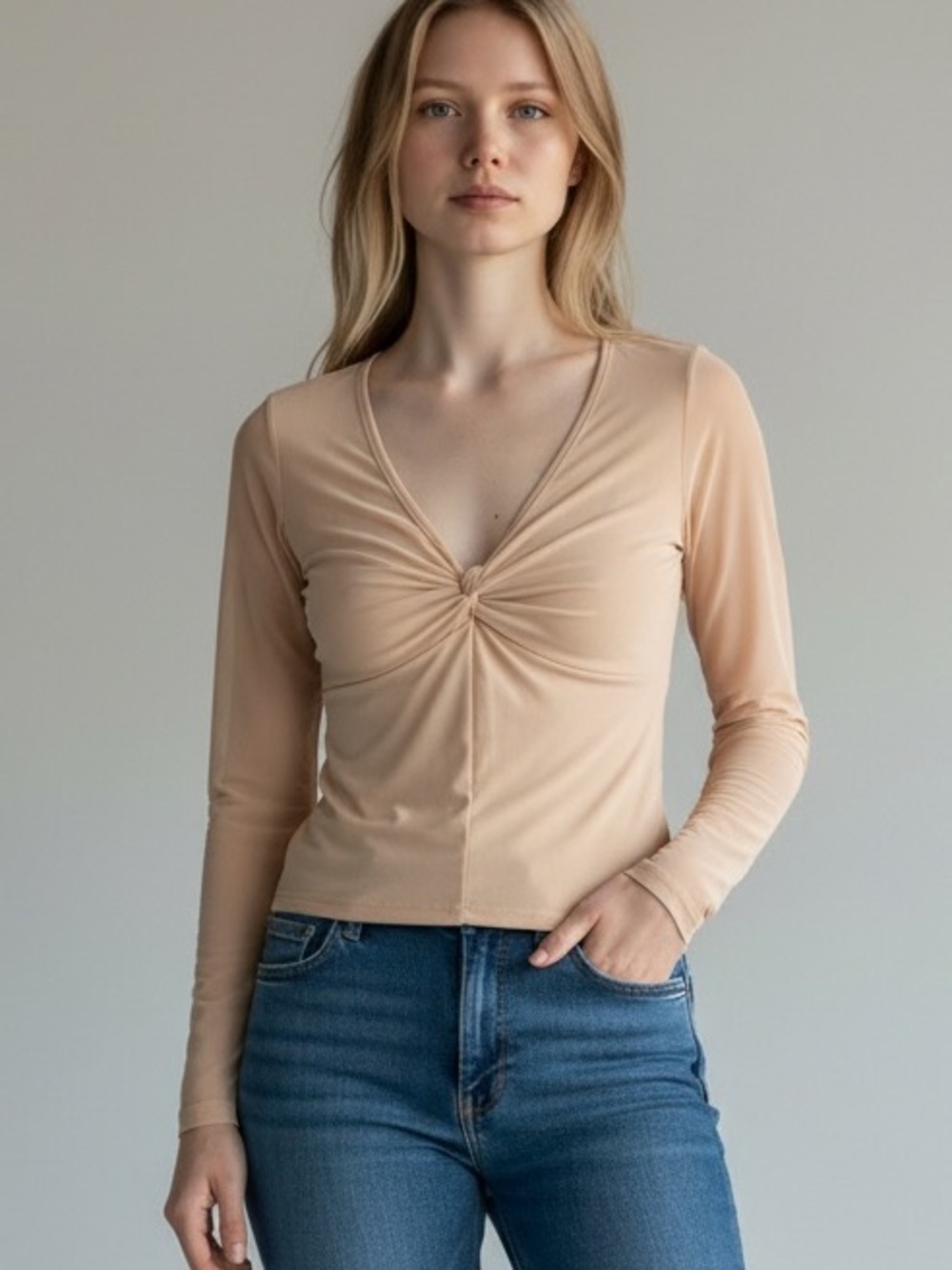Ethereal Beige Long Sleeve Balletcore Twisted Front Y2K Top Delicate Soft Mesh M